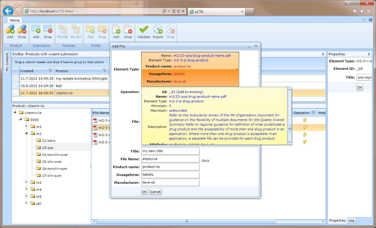 Vkládání údajů s dialogovým oknem do eCTD editoru.